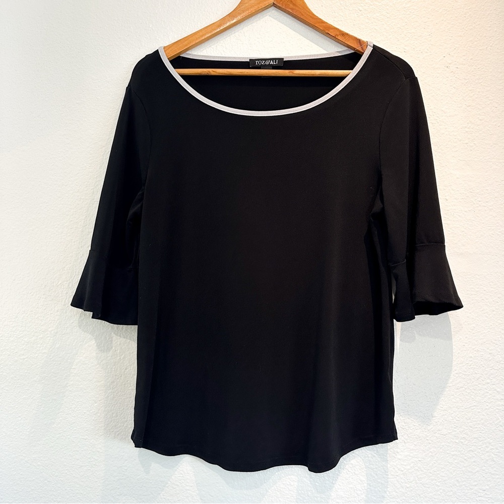 Black Scoop Neck Ruffle Sleeve Top with Blue Trim